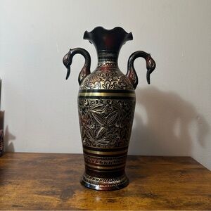 Vintage Ornate Etched Brass Vase - Double Swan/Bird Handles - Floral Motif